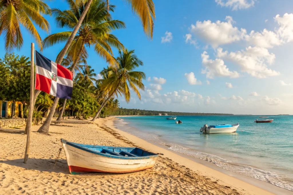 Costa de playa con bandera dominicana hondeando