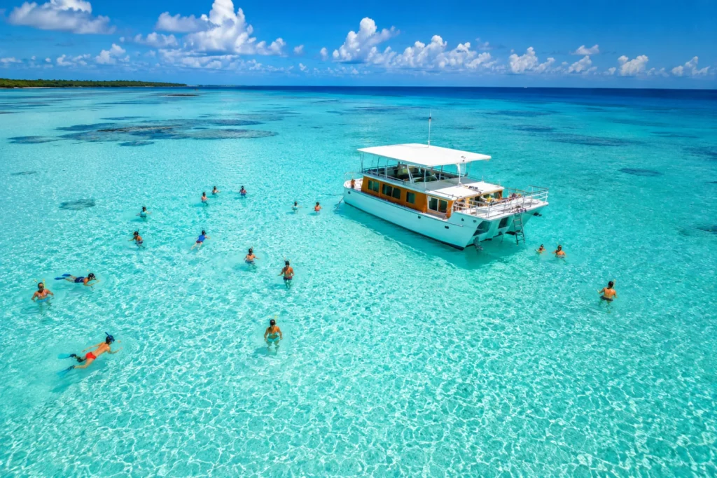 Embarcación con gente nadando en aguas caribeñas dominicanas